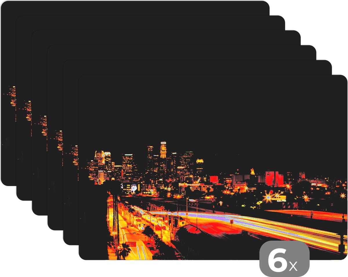 Placemats - Verlichting - Auto - Skyline - Los Angeles - Onderleggers - Placemat - Onderleggers placemats - 45x30 cm - 6 stuks