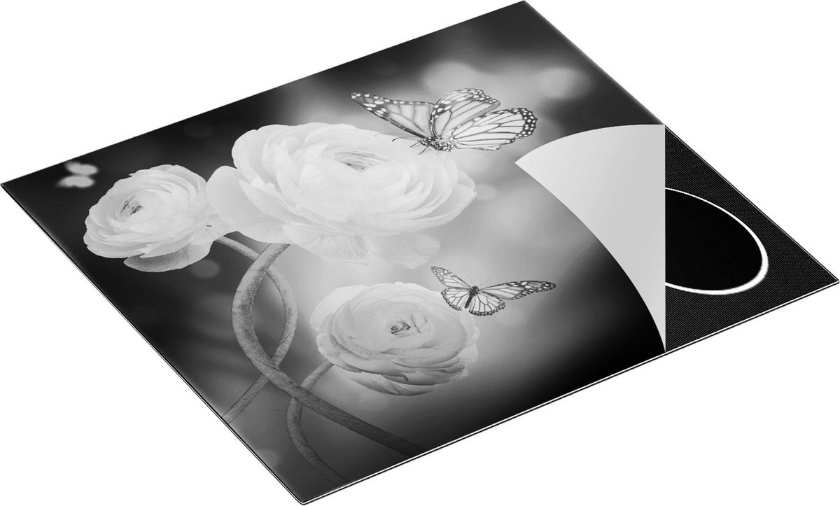 Chefcare Inductie Beschermer Twee Roze Vlinders bij Roze Rozen - Zwart Wit - 60x52 cm - Afdekplaat Inductie - Kookplaat Beschermer - Inductie Mat