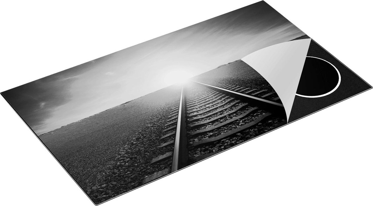 Chefcare Inductie Beschermer Rails Spoorweg in de Woestijn bij Zonondergang - Zwart Wit - 90x50 cm - Afdekplaat Inductie - Kookplaat Beschermer - Inductie Mat