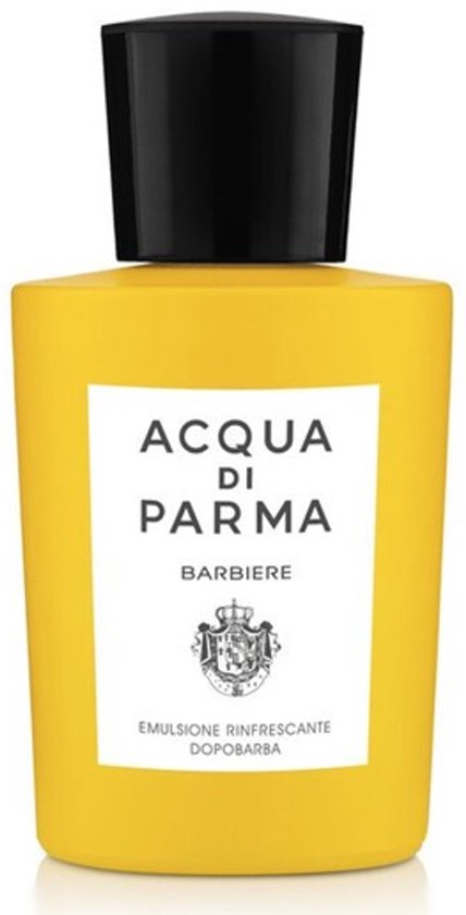 Gele fles met een wit etiket van Acqua di Parma Barbiere, verfrissende aftershave emulsie.