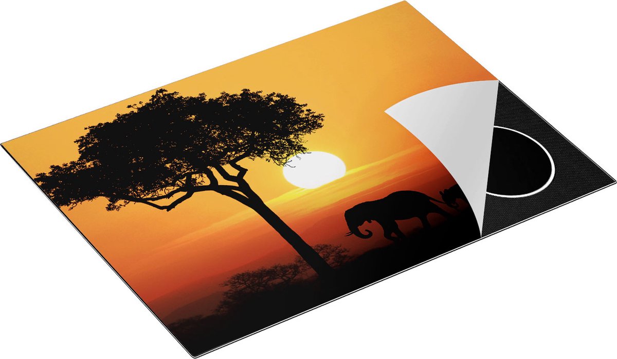 Chefcare Inductie Beschermer Olifanten Familie bij Zonsondergang - Olifant - 70x55 cm - Afdekplaat Inductie - Kookplaat Beschermer - Inductie Mat