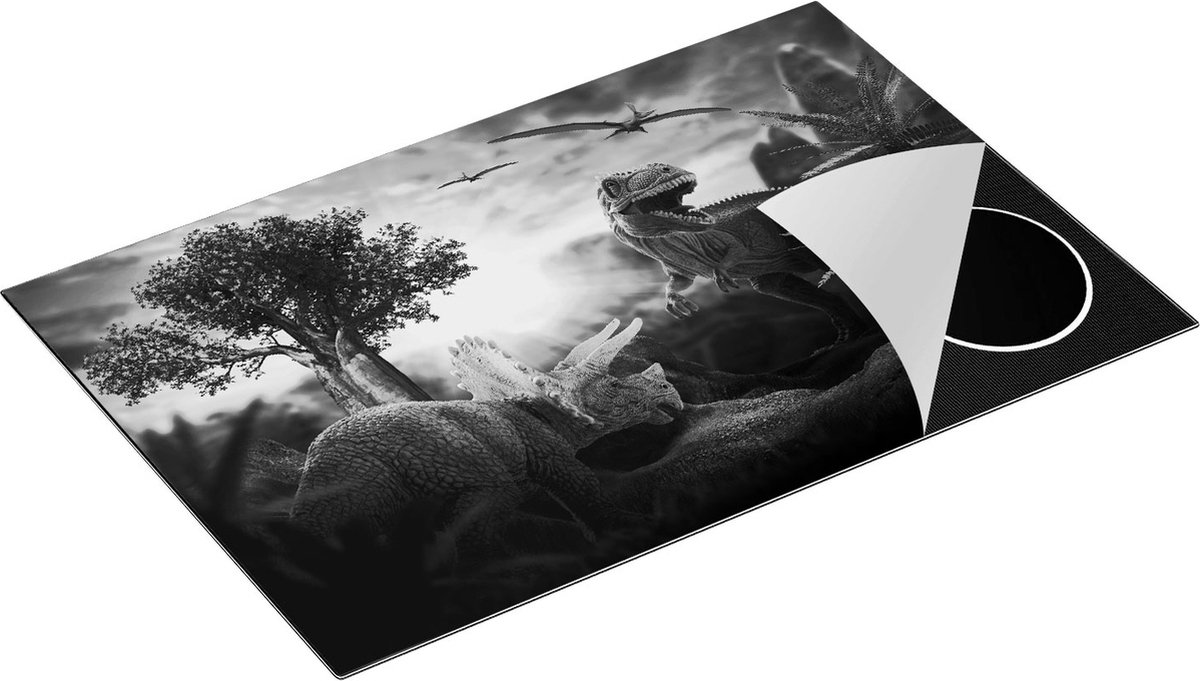 Chefcare Inductie Beschermer Dinosauriërs in de Natuur - Dino's - Zwart Wit - 83x51,5 cm - Afdekplaat Inductie - Kookplaat Beschermer - Inductie Mat