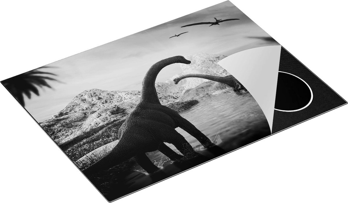Chefcare Inductie Beschermer Dinosauriërs in het Water - Dino's - Zwart Wit - 70x55 cm - Afdekplaat Inductie - Kookplaat Beschermer - Inductie Mat