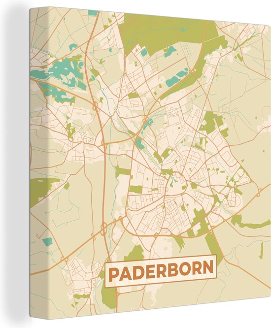 Canvas Schilderij Padersborn - Plattegrond - Vintage - Stadskaart - Kaart - 90x90 cm - Wanddecoratie