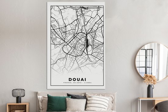 Impression sur Toile Carte - Carte - France - Plan de Ville - Douai - Zwart et Blanc - 120x180 cm - Décoration murale XXL