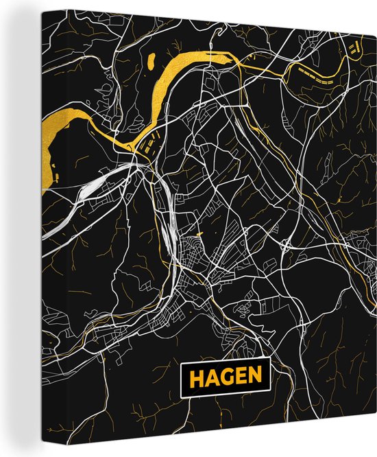 Canvas Schilderij Hagen - Duitsland - Plattegrond - Goud - Stadskaart - Kaart - 90x90 cm - Wanddecoratie