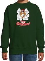 Foute Kerstsweater / Kerst trui met hamsterende kat Merry Christmas groen voor kinderen- Kerstkleding / Christmas outfit 134/146