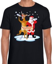 Foute Kerst t-shirt dronken kerstman en rendier Rudolf na kerstborrel/ feest zwart voor heren M