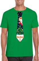 Groen kerst T-shirt voor heren - Kerstman en kerstboom stropdas print S