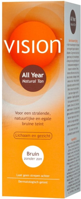 Doos van Vision All Year Natural Tan zelfbruiner met oranje cirkel en gedetailleerde tekst.