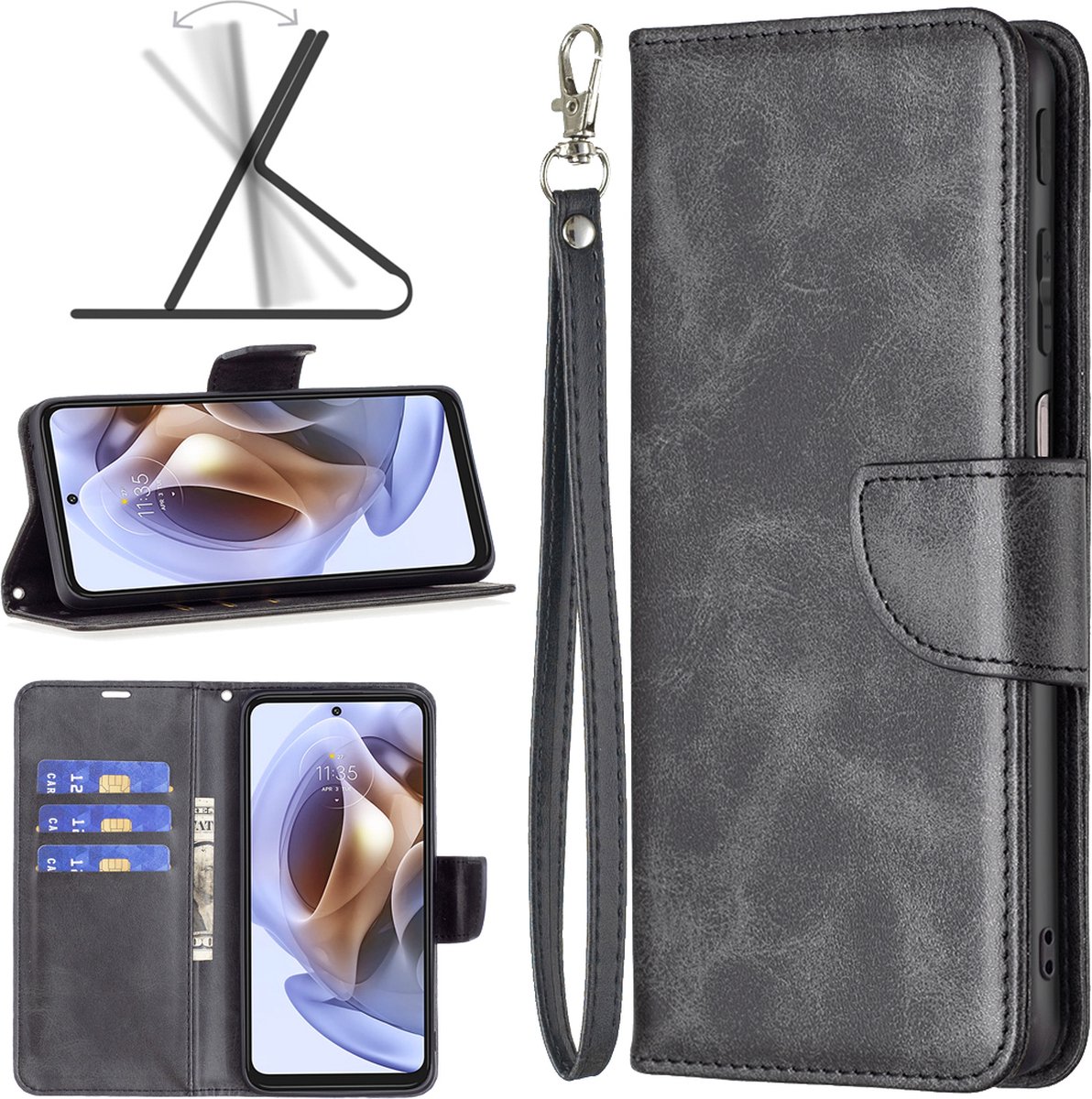 MobyDefend Hoesje - Geschikt voor Motorola Edge 30 Pro - Wallet Book Case Met Koord - Zwart