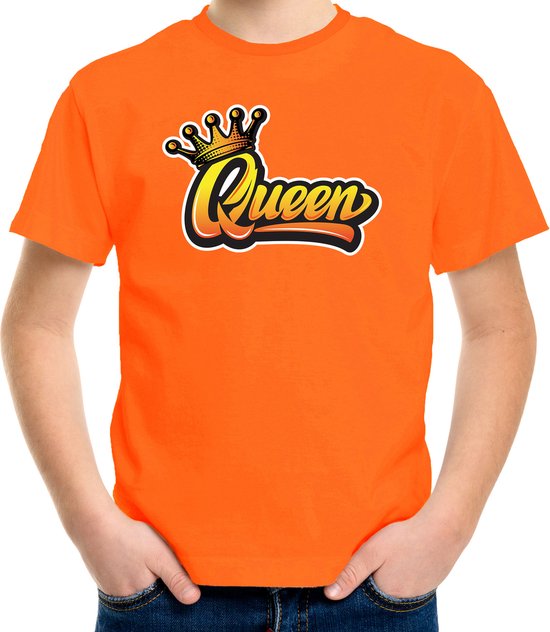 Oranje Koningsdag Queen t-shirt - oranje - kinderen/ meisjes - Koningsdag shirt / kleding / outfit 110/116