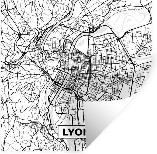 Muurstickers - Sticker Folie - Lyon - Stadskaart - Frankrijk - Kaart - Plattegrond - Zwart wit - 80x80 cm - Plakfolie - Muurstickers Kinderkamer - Zelfklevend Behang - Zelfklevend behangpapier - Stickerfolie