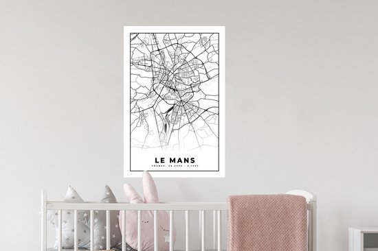 Stickers muraux - Plan d'étage - Carte - Le Mans - France - Plan de la ville - Zwart et blanc - 40x60 cm - Film adhésif