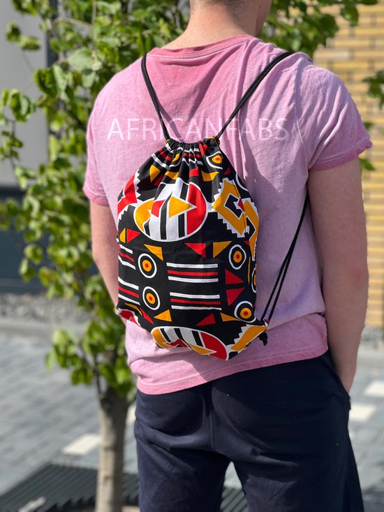 Sac à dos imprimé africain / sac de sport / sac d'école avec cordon de serrage - Bogolan Zwart / rouge - sac à cordon