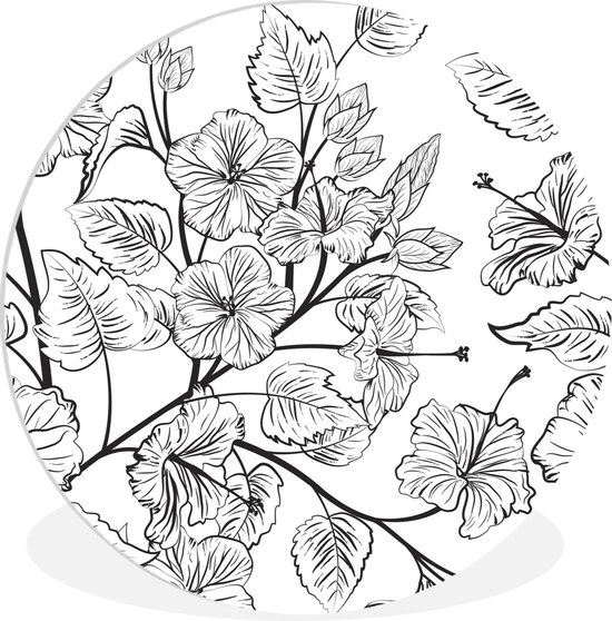 WallCircle - Wandcirkel ⌀ 30 - Een zwart wit illustratie van een bloemdessin - Ronde schilderijen woonkamer - Wandbord rond - Muurdecoratie cirkel - Kamer decoratie binnen - Wanddecoratie muurcirkel - Woonaccessoires