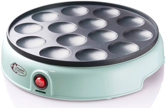 Lichtgroene poffertjespan met 16 holtes en rode aan/uitknop.