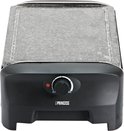 Close-up van de Princess raclette-grill met granieten plaat en regelbare thermostaat.