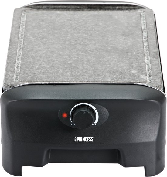 Close-up van de Princess raclette-grill met granieten plaat en regelbare thermostaat.