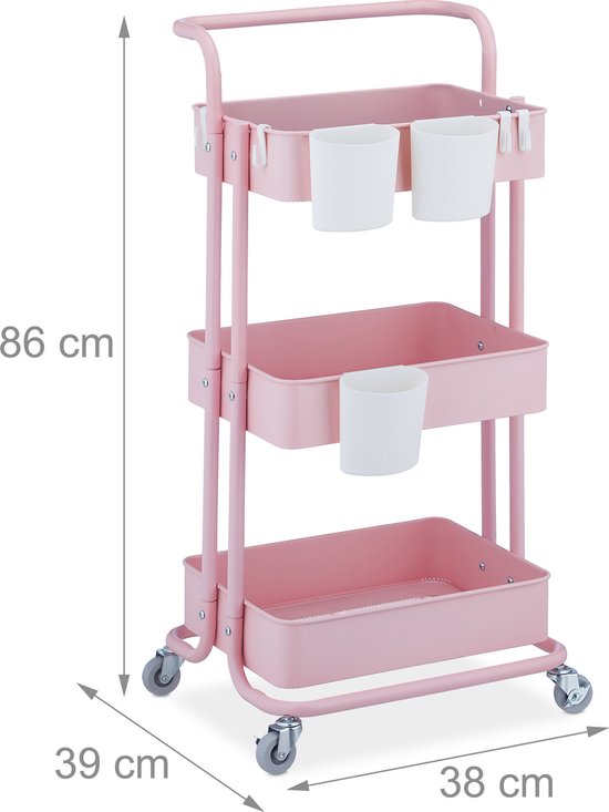Relaxdays opbergtrolley, 3 etages, 2 remmen, trolley voor keuken, H x B
