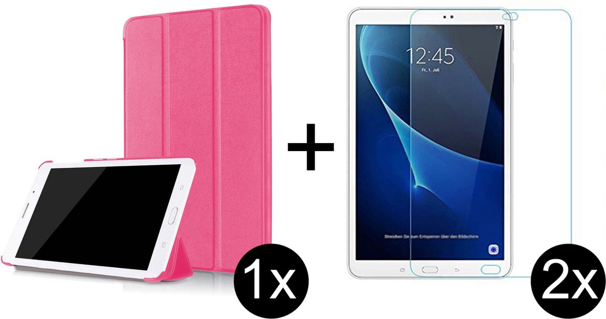 Samsung Tab A 10.1 Inch Hoes Roze Hoesje - Tri Fold Tablet Case - Smart Cover- Magnetische Sluiting - Samsung Galaxy Tab A - 2x Samsung Tab A 10.1 Screenprotector Screen Protector