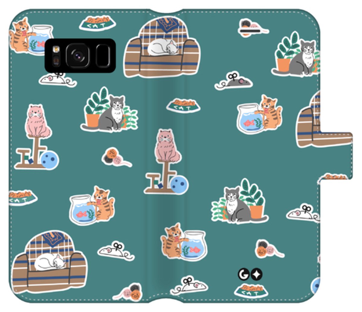 Telefoonhoesje geschikt voor Samsung Galaxy S8 - Portemonneehoesje - met pasjeshouder en magneetsluiting - Dierencollectie - Home Cats - Groen