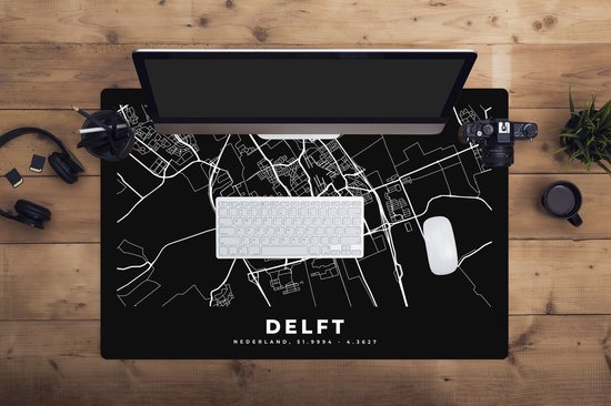 Muismat XXL 90x60 cm - Bureau onderlegger - Bureau mat Kaart - Delft - Zwart - Bureaumat - Gaming mousepad xl - Bureaulegger groot - Computer deskmat
