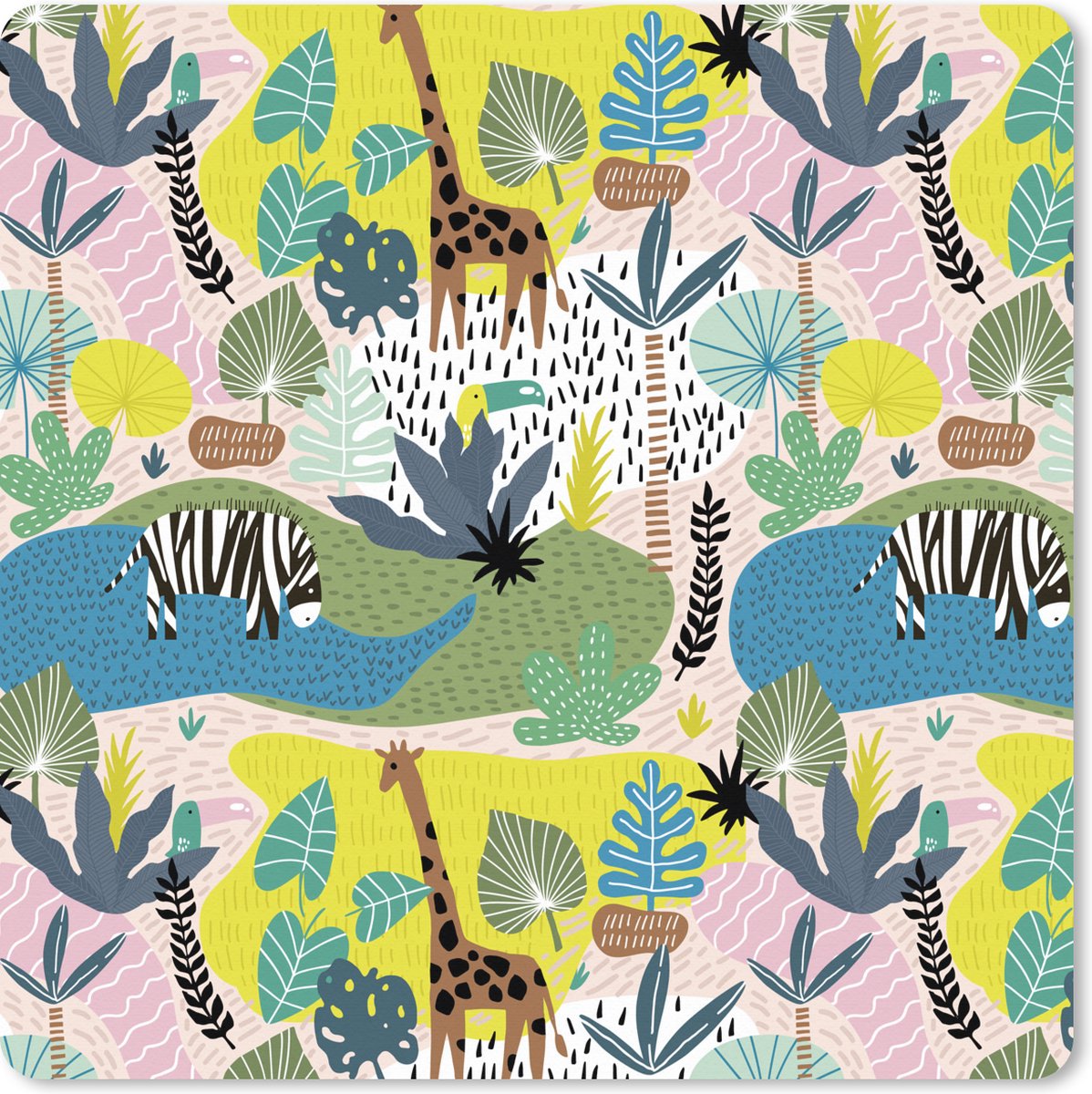 Muismat XXL 40x40 cm - Bureau onderlegger - Bureau mat Jungle - Dieren - Planten - Kleuren - Bureaumat - Gaming mousepad xl - Bureaulegger groot - Computer deskmat