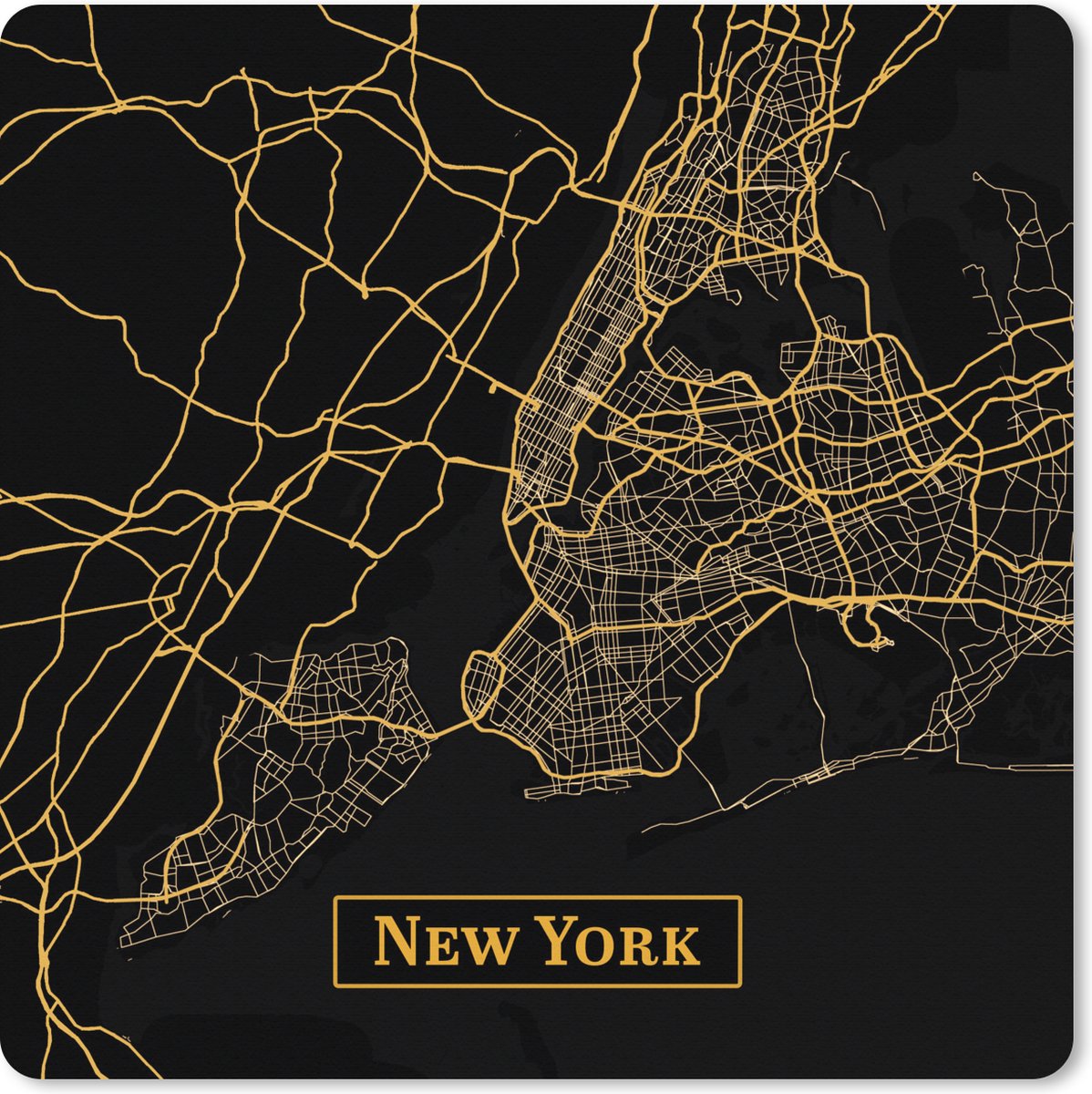 Muismat XXL 40x40 cm - Bureau onderlegger - Bureau mat Kaart - New York - Goud - Zwart - Bureaumat - Gaming mousepad xl - Bureaulegger groot - Computer deskmat