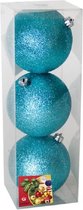3x stuks kerstballen ijsblauw glitters kunststof diameter 10 cm - Kerstboom versiering
