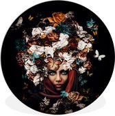 Cercle Mural - Cercle Mural Intérieur - Fleurs - Papillon - Femme - Foulard - ⌀ 140 cm - Décoration murale - Peintures Ronds