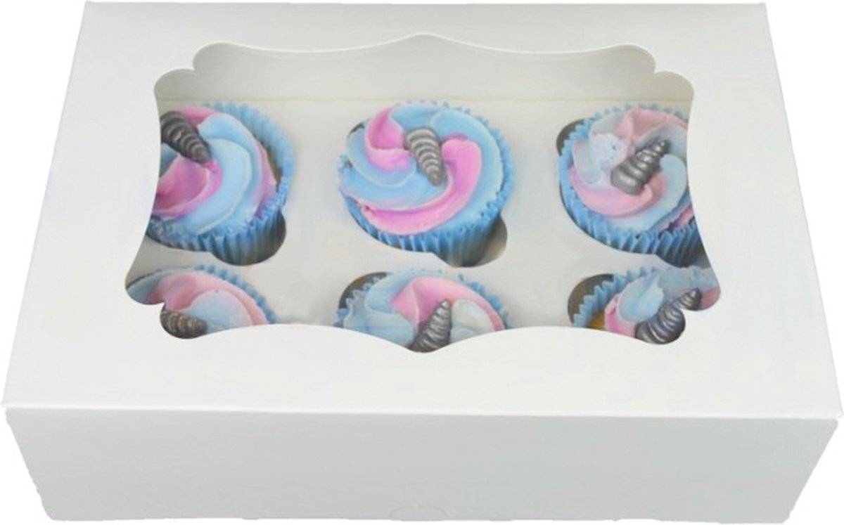 Witte doos voor 6 cupcakes met sierlijk venster (25 stuks)