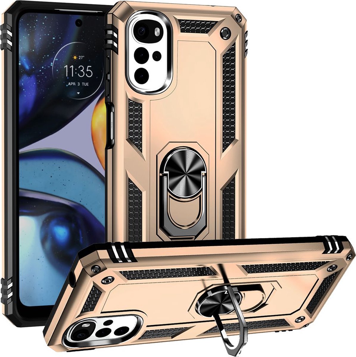 MobyDefend Hoesje - Geschikt voor Motorola Moto G22 - Pantsercase Met Draaibare Ring - Goud