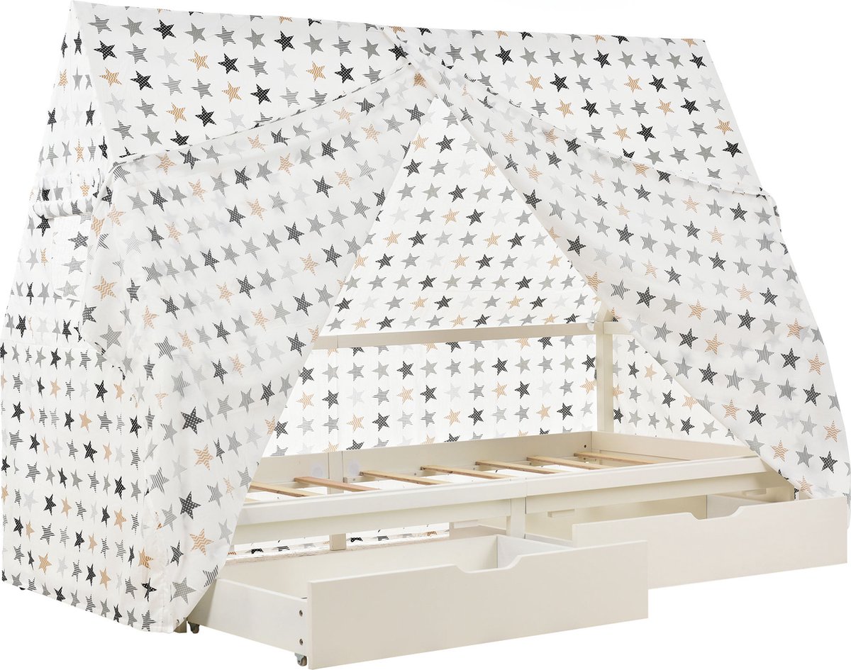 Speelhuisbed met onderschuifbed Tentbedden - Kindercottage Speelhuisbedframe met 2 lades - Mobiele tentstandaard| fall-out bescherming | Stabiele lattenbodem | Ledikant in grenen - 90 x 200 cm - zonder matras - wit