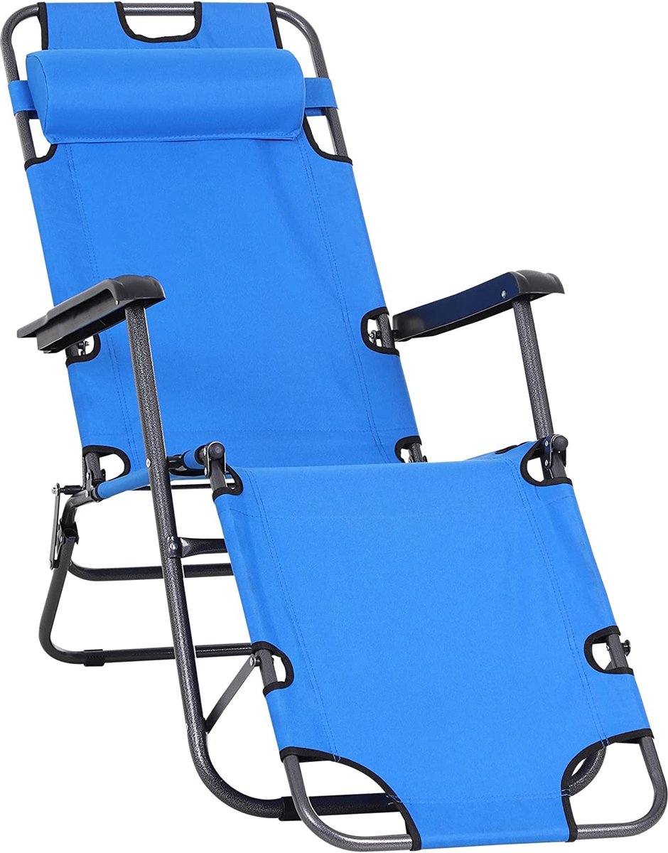 CGPN buitenligstoel met kussens, opvouwbare strandstoel, tuinstoel met 2 niveaus, 2 in 1 ligstoel, metaal + Oxford-stof, blauw 135 x 60 x 89 cm