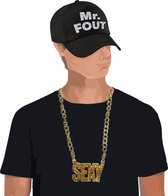 Foute party Mr. FOUT verkleed set pet zwart/zilver voor heren met een plastic sexy ketting