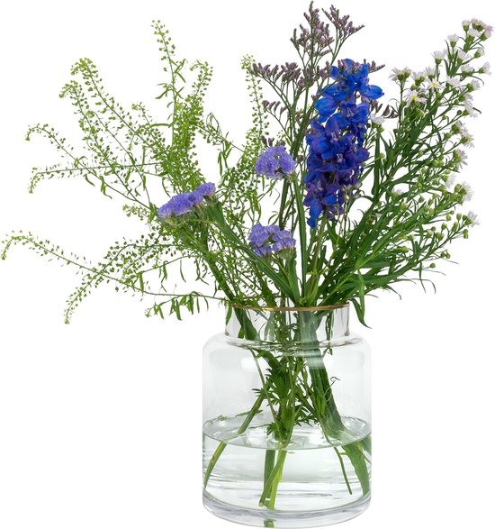 QUVIO Vaas van glas - Vaas met gouden randje - Vazen - Woonaccessoires - Droogbloemen vaas - Brede vaas - Voor binnen - Decoratieve accessoires - Glas - 15 x 18 cm (lxb)