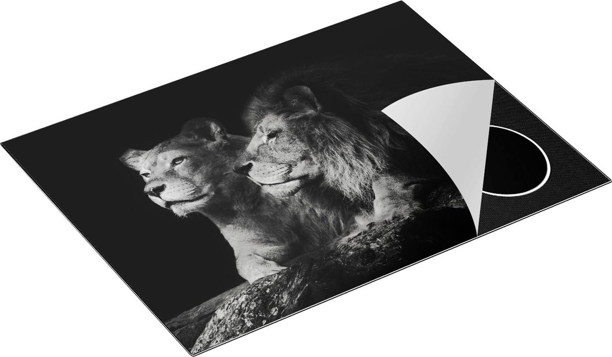 Chefcare Inductie Beschermer Leeuw en Leeuwin - Zwart Wit - 71x52 cm - Afdekplaat Inductie - Kookplaat Beschermer - Inductie Mat