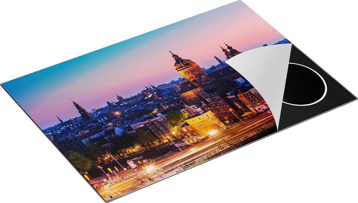 Chefcare Inductie Beschermer Amsterdam Skyline bij Zonsondergang - 75x55 cm - Afdekplaat Inductie - Kookplaat Beschermer - Inductie Mat