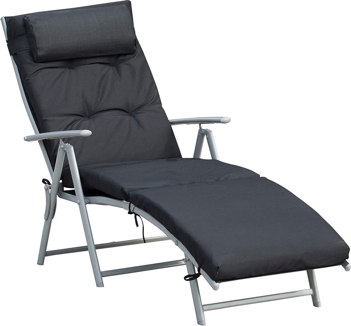 CGPN- Lounger met kussens, opvouwbare strandstoel, tuinstoel 7-traps verstelbare rugleuning Ontspannende ligstoel Metaal Textilene, zwart, 137 x 63.5 x 100.5 cm