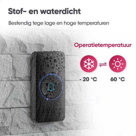AVANTEK Draadloze deurbel met 2 ontvangers - Zwart - Bereik 400 meter - Waterdicht - Zonder batterijen - 52 melodieën