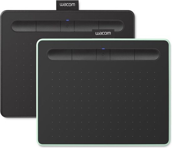 Twee Wacom tekentablets, één zwart en één pistache, met stylussen.
