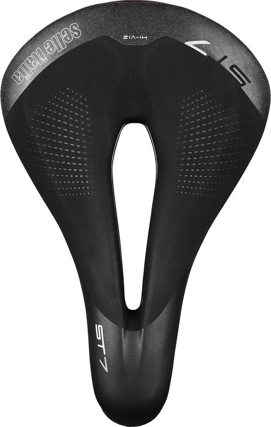 Zwart Selle Italia ST7 fietszadel, van bovenaf gezien, met uitsparing en grijze rand.