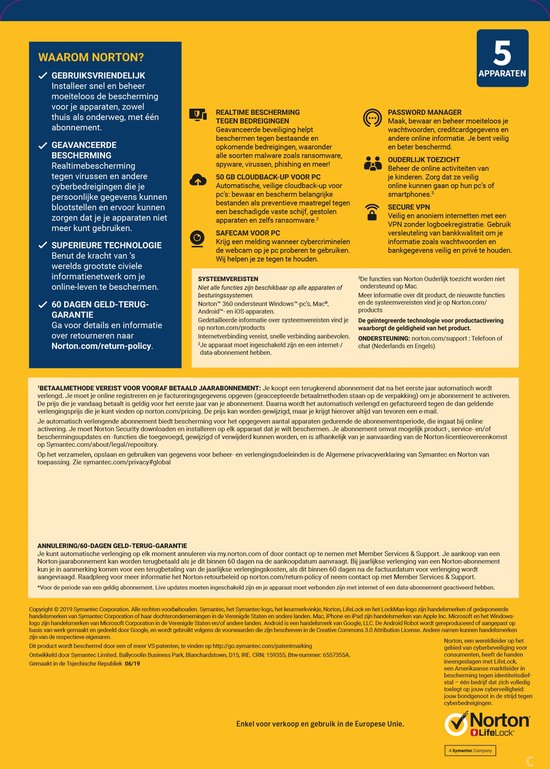 SYMANTEC NORTON 360 DELUXE (ABONNEMENT) - 1 GEBRUIKER, 5 APPARATEN, 1 JAAR