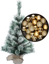 Besneeuwde mini kerstboom/kunst kerstboom 35 cm met kerstballen goud - Kerstversiering