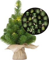 Mini sapin de Noël/sapin artificiel avec éclairage 45 cm et comprenant des boules de Noël vertes - Décorations de Noël