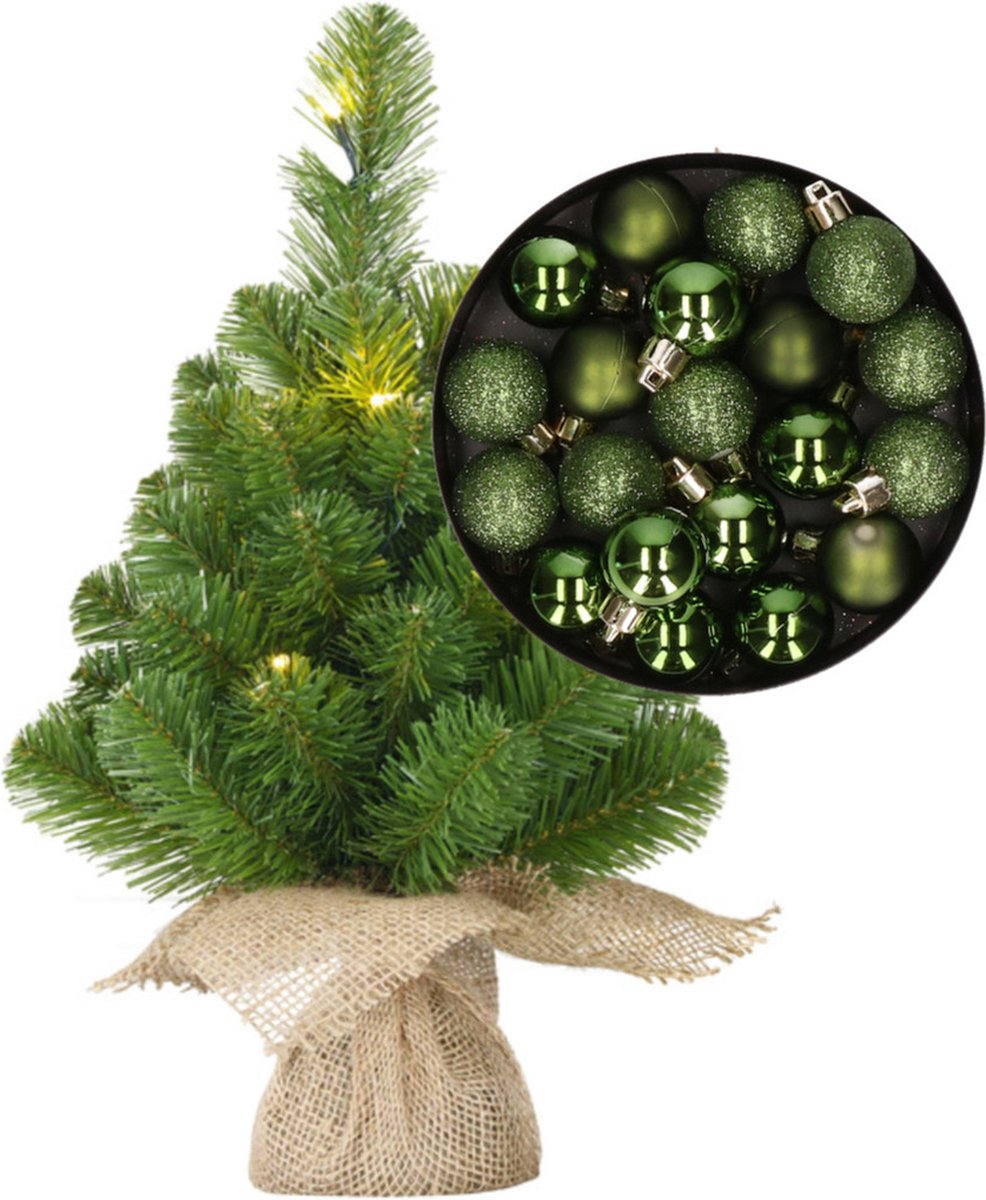 Mini kerstboom/kunstboom met verlichting 45 cm en inclusief kerstballen groen - Kerstversiering