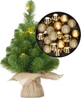 Mini sapin de Noël/sapin artificiel avec éclairage 45 cm et comprenant des boules de Noël dorées - Décorations de Noël
