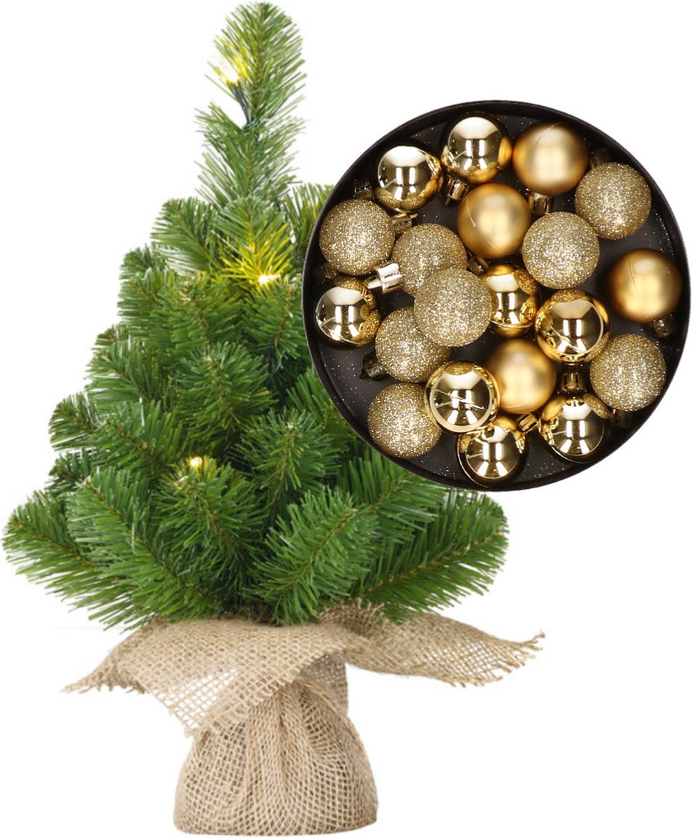 Mini kerstboom/kunstboom met verlichting 45 cm en inclusief kerstballen goud - Kerstversiering