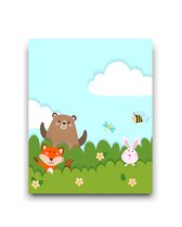 Schilderij  Dieren in de bosjes beer vosje konijntje - midden / Bos / 40x30cm